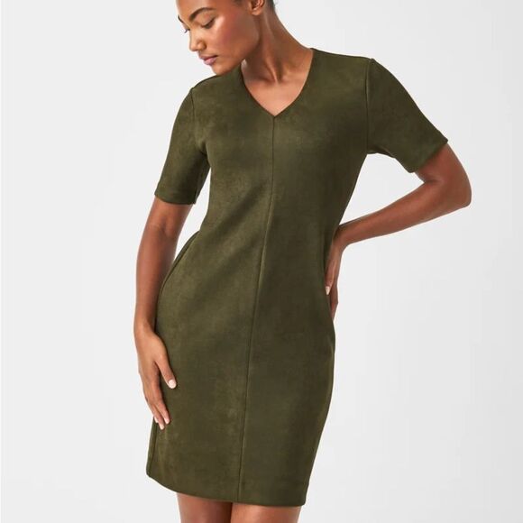 SPANX Faux Suede Column Dress In Utility Green Large - Picture 1 of 9